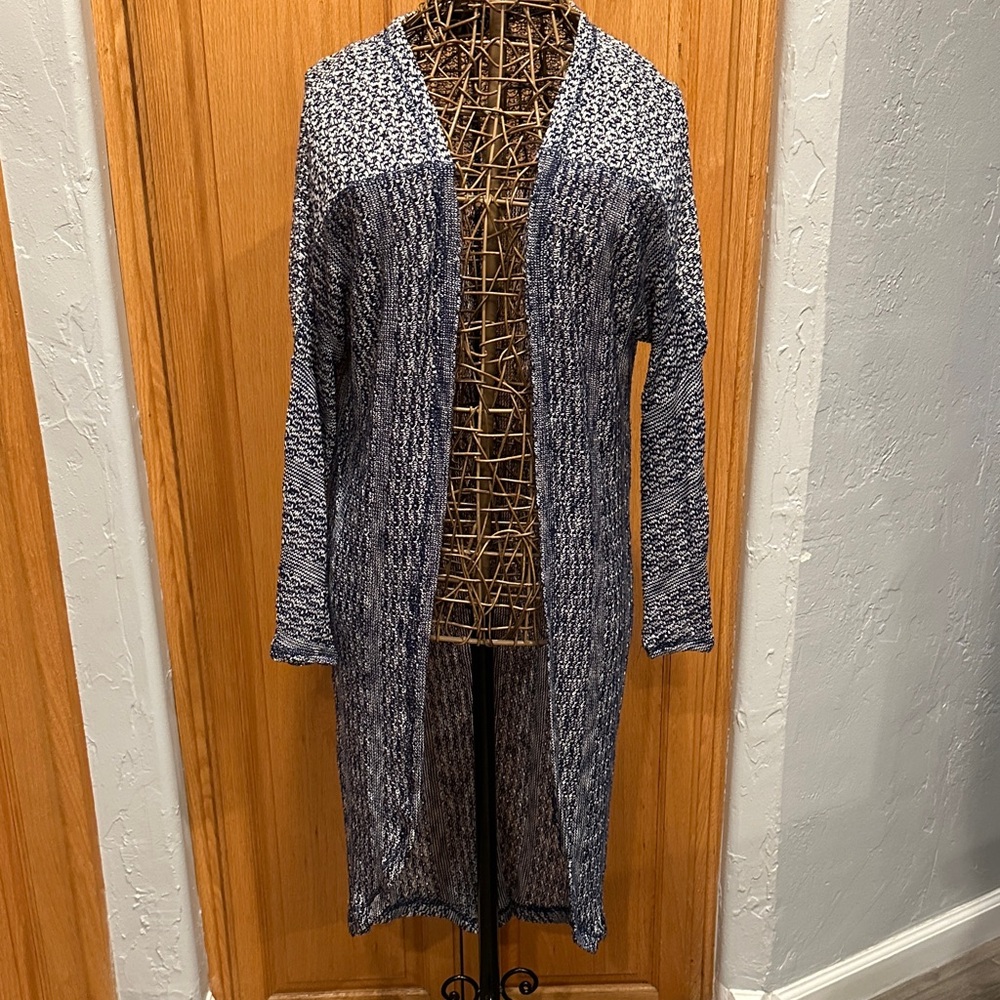 Women's Navy and White Open-Front Long Sweater. Lightweight knit. OS